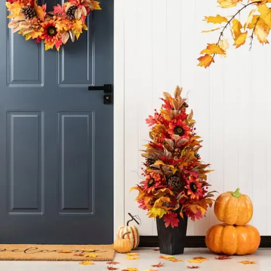 Glitzhome&reg; 36" Fall Sunflower, Pinecone and Berry Porch Tree {3}