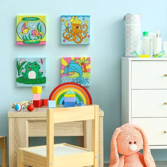 Arteza&reg; Kids Canvas Paint Kit, 4 8x8 Canvas with Brushes & Paints Water Creatures {7}