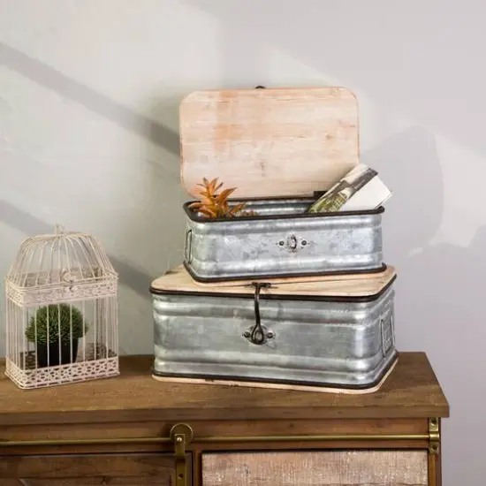 Glitzhome&reg; Galvanized Wood Storage Chest Set {8}