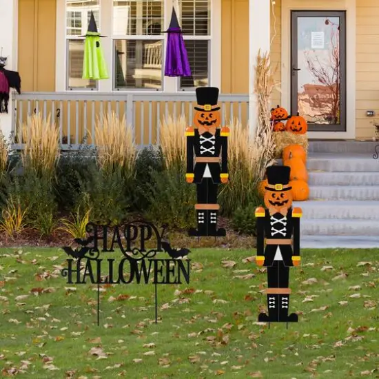 Glitzhome&reg; 32"H Halloween Metal Nutcracker and HAPPY HALLOWEEN Yard Stake Set {4}