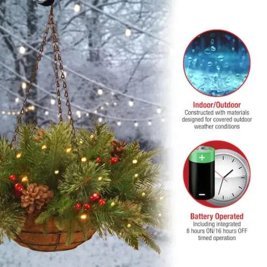 20" Pre-lit Feel Real&reg; Colonial Artificial Christmas Hanging Basket with Cones, Red Berries &50 Warm White Battery Operated LED Lights w/Timer {6}