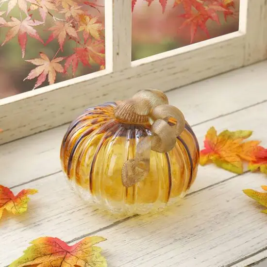 Glitzhome&reg; Crackle Glass Short Pumpkin, Amber {10}