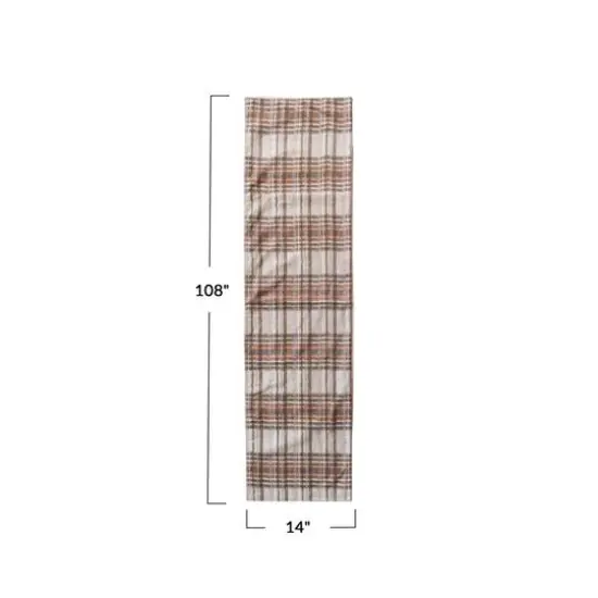 Hello Honey 108" x 14" Cream, Brown & Orange Plaid Woven Cotton Table Runner {5}