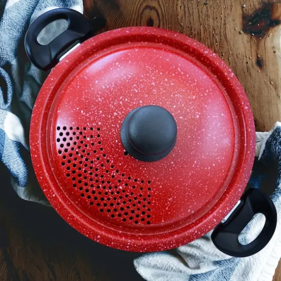 Gibson Home&reg; Granita 6qt. Red Speckle Aluminum Pasta Pot with Strainer Lid {5}