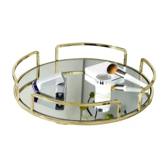 Home Details 13" Satin Gold Modern Round Mirror Vanity Tray {3}