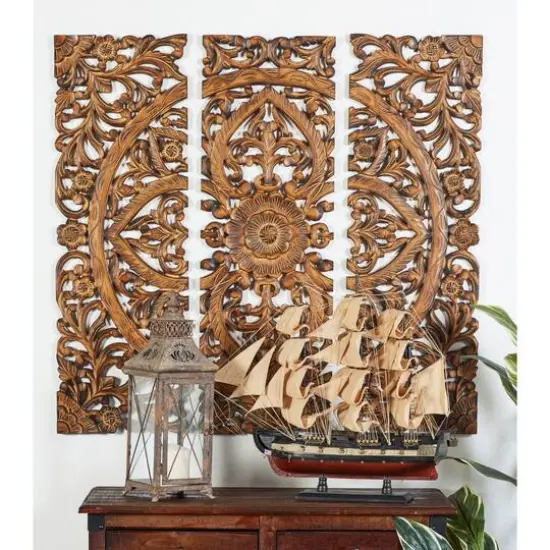 36" Brown Wood Traditional Floral Wall D&eacute;cor Set {9}