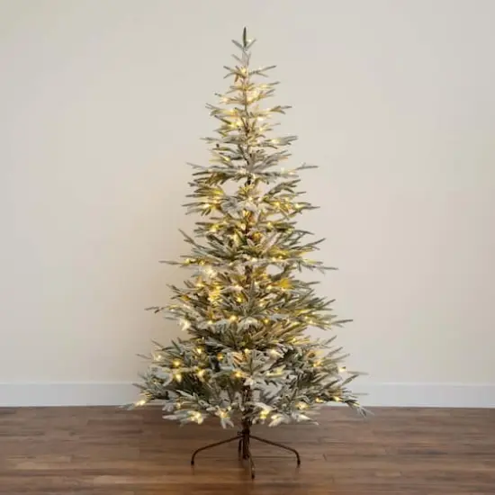 7ft. Pre-Lit Flocked Woodland Fir Artificial Christmas Tree, Warm White LED Lights {11}