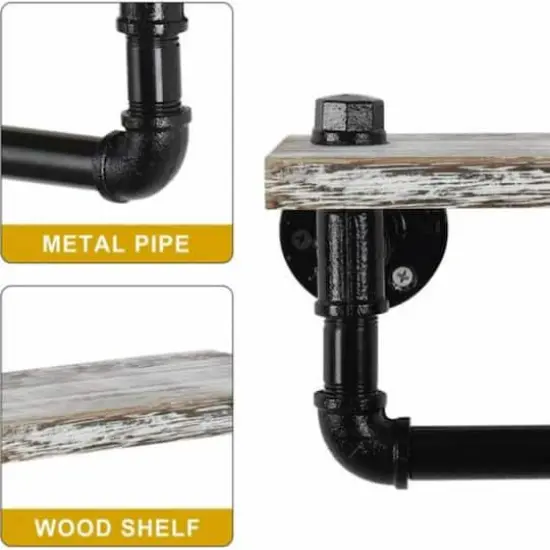 Black Industrial Wall-Mounted Rustic Toilet Paper Holder with Wood Shelf {5}