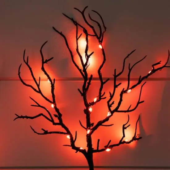 14in. Pre-Lit Artificial Halloween Black Twig Branches with 45 Orange LED Lights and Integrated Ground Stake - Set of 3 {5}