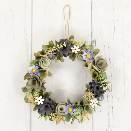 10.5" Green & Blue Wooden Mixed Floral Artificial Spring Wreath {6}
