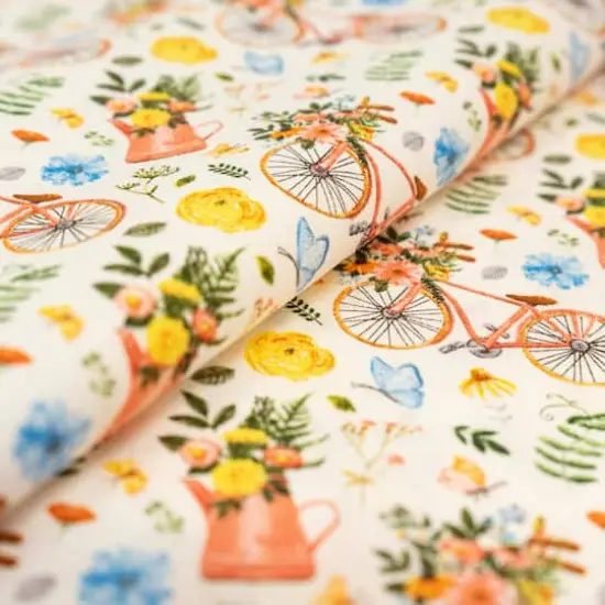 SINGER Bikes & Gardening on White Cotton Fabric {3}