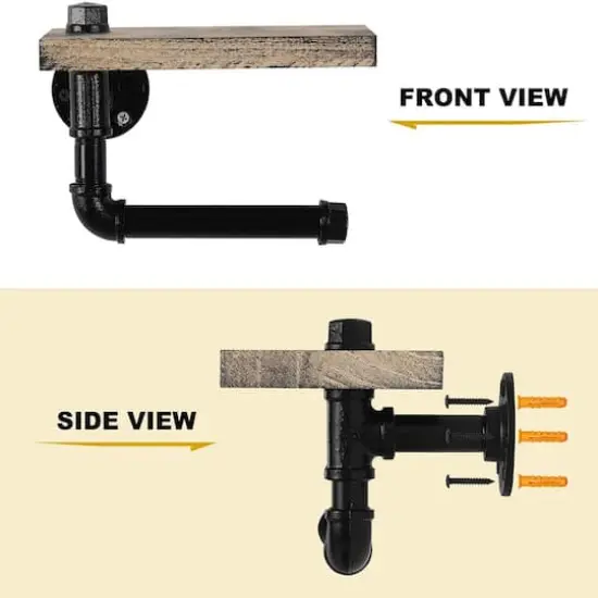 Rustic Brown Industrial Wall-Mounted Toilet Paper Holder with Wood Shelf {5}