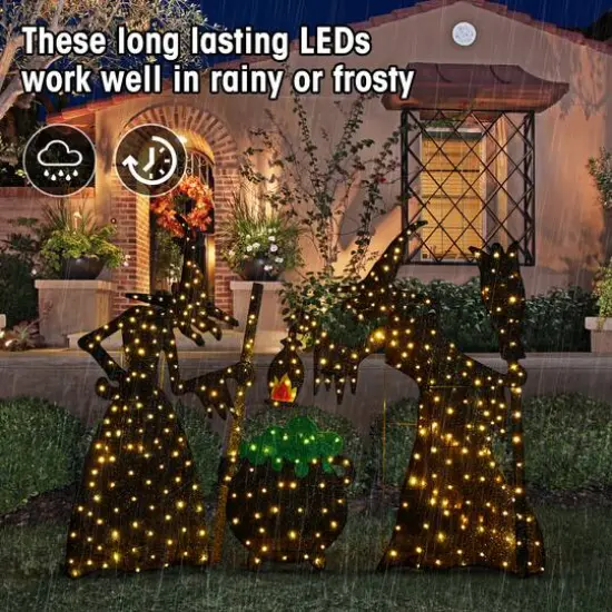 Glitzhome&reg; Set of 3 Lighted Halloween 2.5D Witches with Cauldron Outdoor Decor {7}