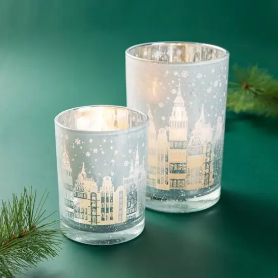 Glitzhome&reg; Christmas Building Glass Candle Holder Set {5}