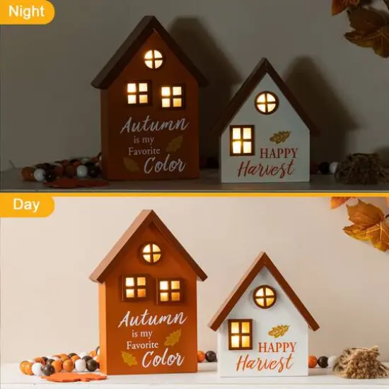 Glitzhome&reg; Lighted Fall Wooden House-shaped Table Decor Set {6}