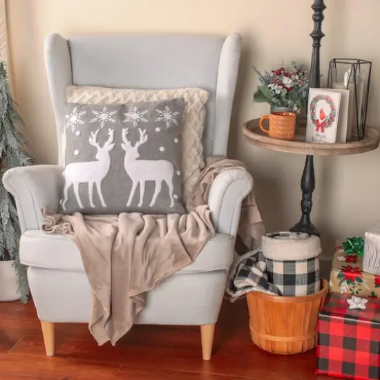 18&rdquo; Gray & White Reindeer & Snowflakes Throw Pillow {3}