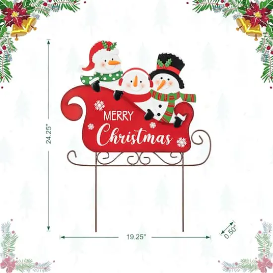 Glitzhome&reg; 24" Metal Snowmen Riding Sleigh Yard Stake {7}