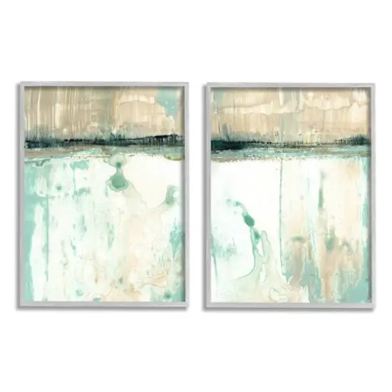 Stupell Industries Abstract Lake Landscape Organic Blue & Green Design Wall Art in Gray Frame Set {1}