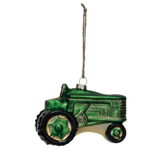 Hello Honey&reg; 4.5" Green Hand-Painted Glass Tractor Ornament with Glitter {1}