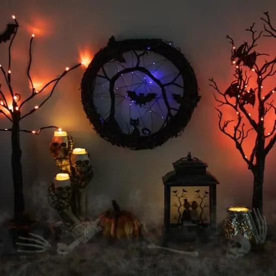 13" Black & Purple LED Halloween Twig Wreath with Bats {3}