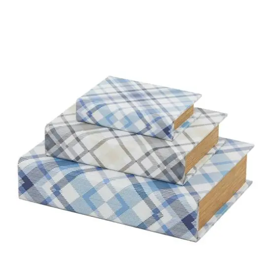 Blue Plaid Canvas Faux Book Box Set {3}