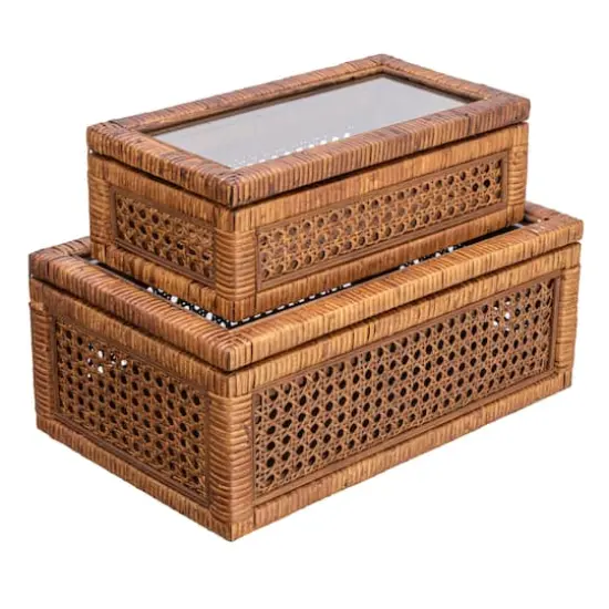 Hello Honey&reg; Dark Brown Modern Decorative Rectangle Woven Rattan & Wood Display Box Set with Glass Top {3}