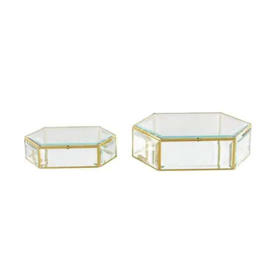 Clear & Gold Beveled Glass & Metal Wide Hexagon Jewelry Box with Chain Accent Set {8}
