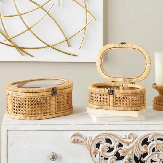 Brown Oval Rattan Storage Box Set with Pane Panels & Glass Tops {3}