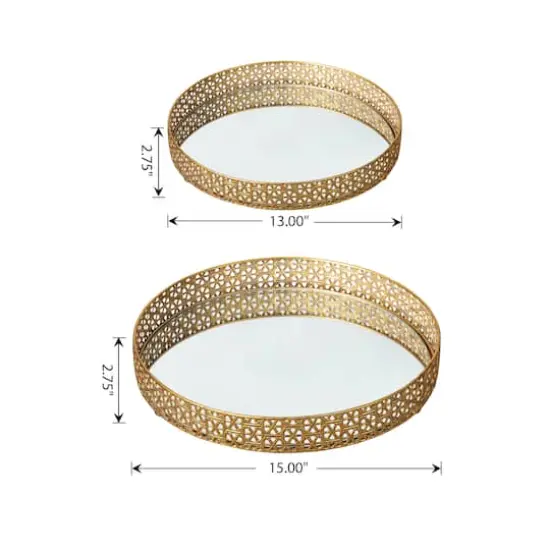 Glitzhome&reg; Gold Round Metal Mirrored Decorative Trays Set {4}
