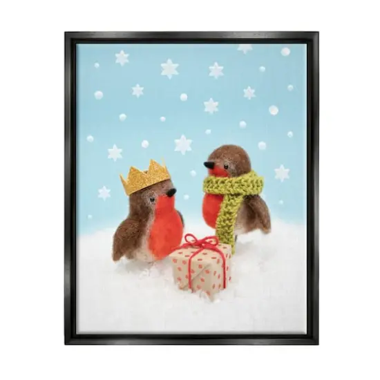 Stupell Industries Birds Gift Giving Christmas Snow Framed Floater Canvas Wall Art Black {1}