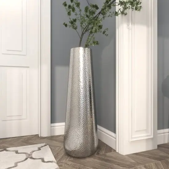 31" Silver Aluminum Tall Hammered Vase {9}