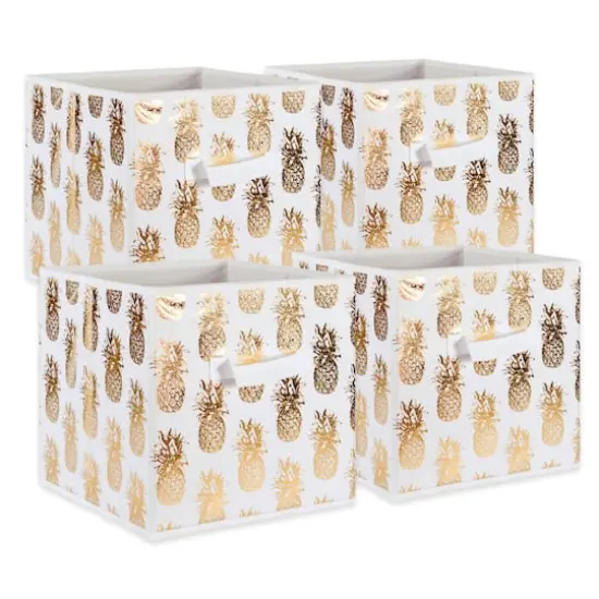 DII&reg; 11" Nonwoven Polyester White & Gold Pineapple Storage Cube, 4ct. {1}