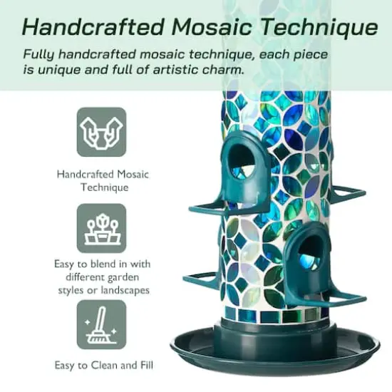 Glitzhome&reg; 20" Tall Blue & Green Mosaic Glass Hanging Bird Feeder {5}