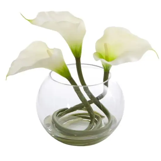 9" Calla Lily Arrangement in Rounded Glass Vase {1}