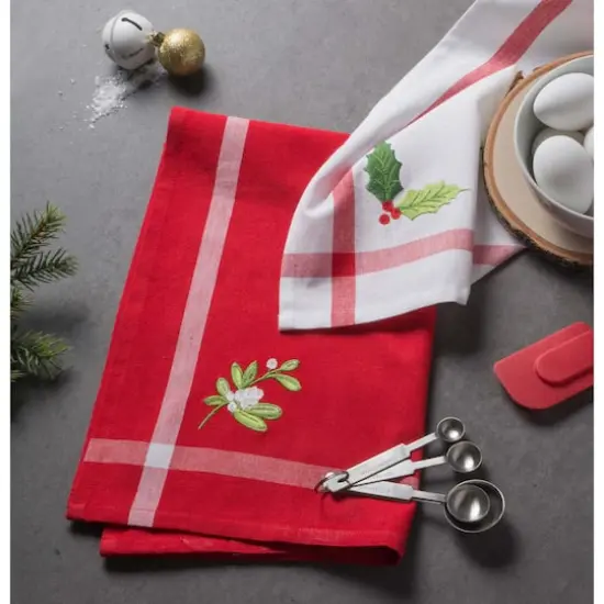DII&reg; Red & White Stripe Holly & Mistletoe Holiday Embroidered Dishtowel Set {3}