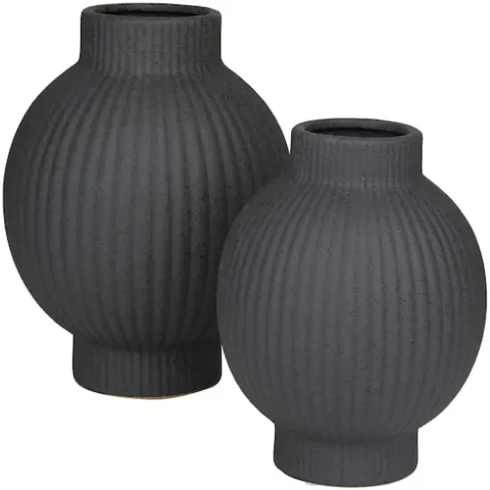 CosmoLiving by Cosmopolitan Black Ceramic Ribbed Vase Set of 2 11", 9" {3}