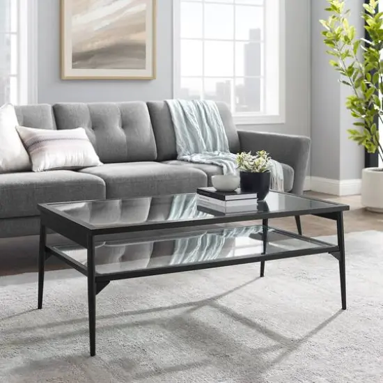 42" Black Two Tier Glass and Metal Coffee Table {4}