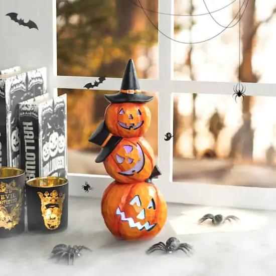 Glitzhome&reg; 14" Lighted Halloween Stacked Resin Pumpkin Table D&eacute;cor {3}