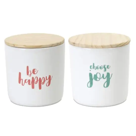 Happy Sentiment Stoneware Canisters with Wood Lids Set {1}