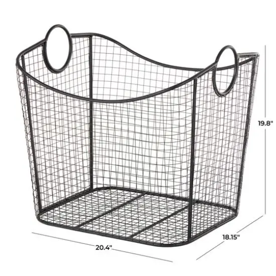 20" Black Metal Storage Basket with Curved Sides & Ring Handles {11}