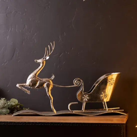 2ft. Hammered Metal Reindeer with Sleigh {5}