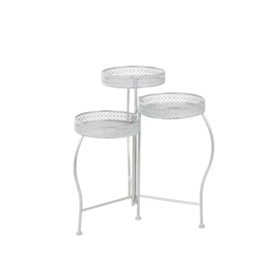 20" Metal Curved Folding 3-Tier Plant Stand with Floral & Scroll Patterns Silver {4}