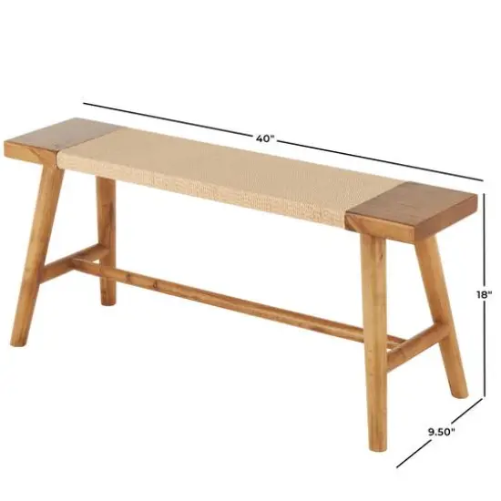 40" Brown Wood Handmade Traditional Home Bench with Rope Wrapped Seat {8}