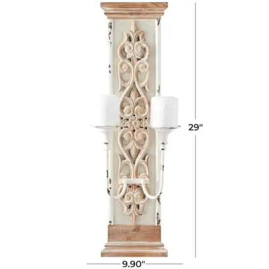 29" Brown Wood Pillar 2 Plate Scroll Wall Sconce {7}