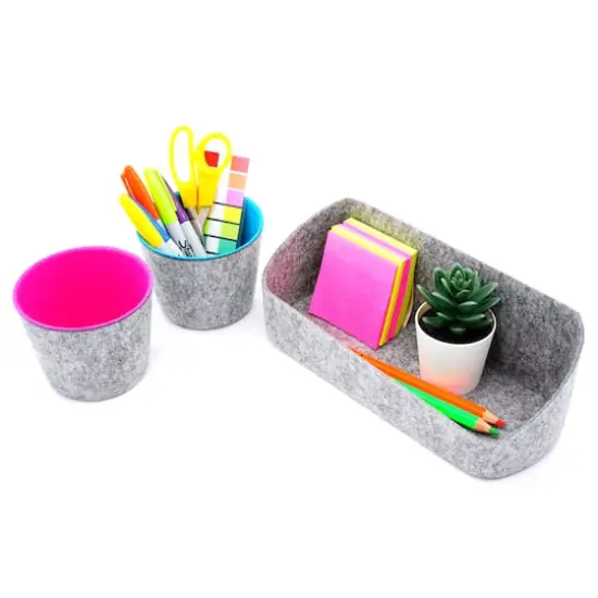 Welaxy Felt 3 Piece Gray Tray with Turquoise & Hot Pink Cups Desktop Organizer Set {1}