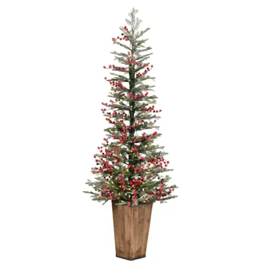 5.5ft Pre-Lit Frosted Berry Potted Pine Artificial Christmas Tree, Warm White Dura-Lit LED Lights {1}