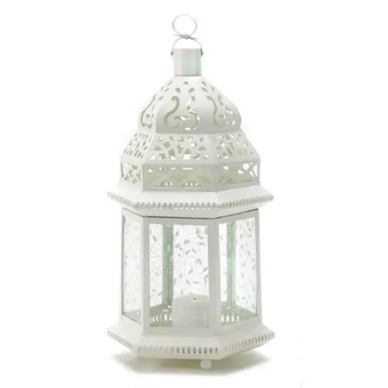 15" White Metal Moroccan Style Hanging Candle Lantern with Etched Floral {1}