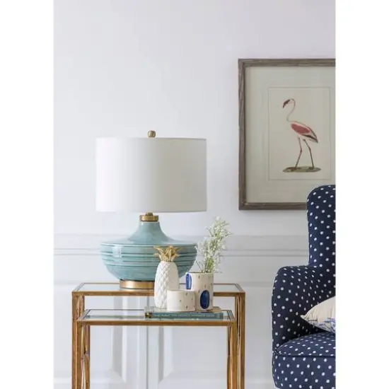 Hello Honey&reg; Striped Aqua Ceramic Table Lamp with White Linen Shade {5}
