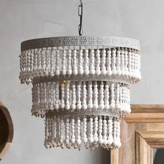 Hello Honey&reg; 20.5" Antique White 3-Tier Wood Bead Chandelier {5}