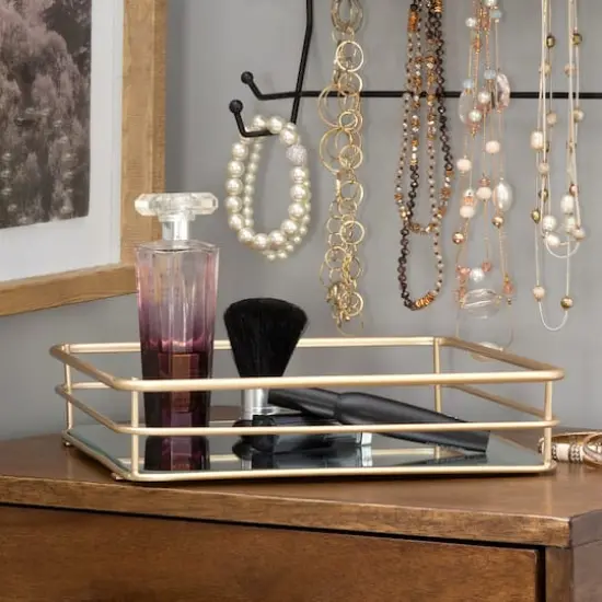 Elle D&eacute;cor Satin Gold Square Mirrored Bottom Vanity Tray {6}